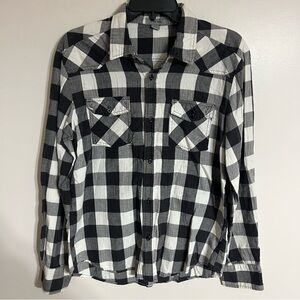 Men’s Pop Icon Button Up Long Sleeve Flannel Shirt Size Large Black Gray White